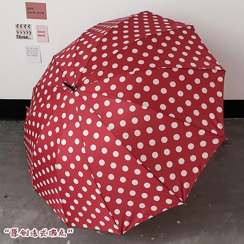 12 Rib Photo Taking Polka Dot Straight Rod Umbrella Korean Vintage Style Reinforced Windproof Wooden Bent Handle Red Wedding