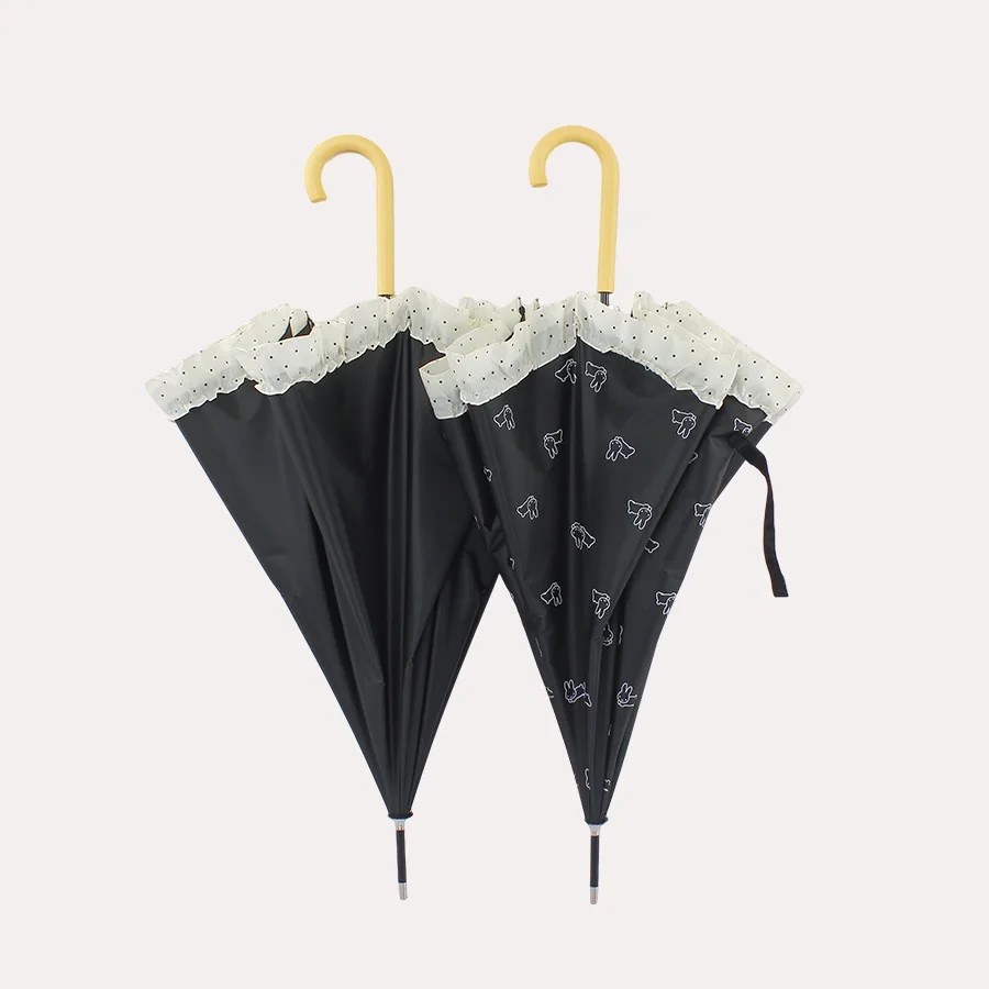 Wooden Handle Lace Edge Long Umbrella Straight Rod Black Coating Sun Protection Umbrella Sunshade Umbrella Folding Diameter 98cm