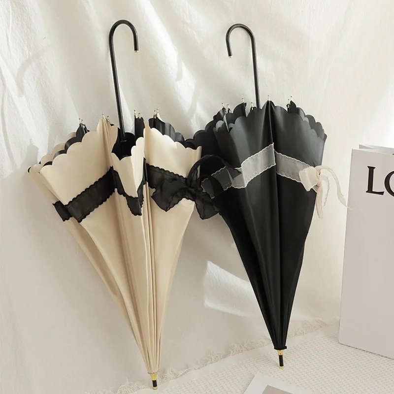 Ribbon Bow Manual Long Handle 8 Ribs Princess Style Dual-use Rain Sun Umbrella with UV Protection and Sunshade for Women