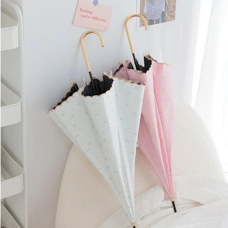 Gold Embossed Bow Manual Long Handled Iron Handle Straight Umbrella Black Coated UV Protection UPF50+ Stylish Fresh for Sunny