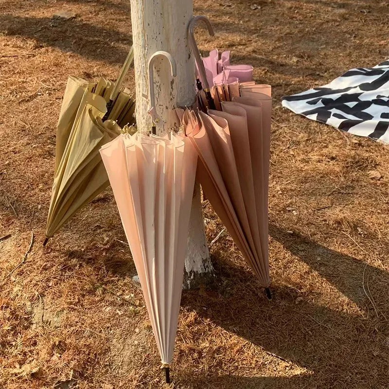 Japanese Style Simple Long Handle Semi-automatic Solid Color Small Fresh Color Straight Rod Sunny Rainy Dual-purpose UV Umbrella