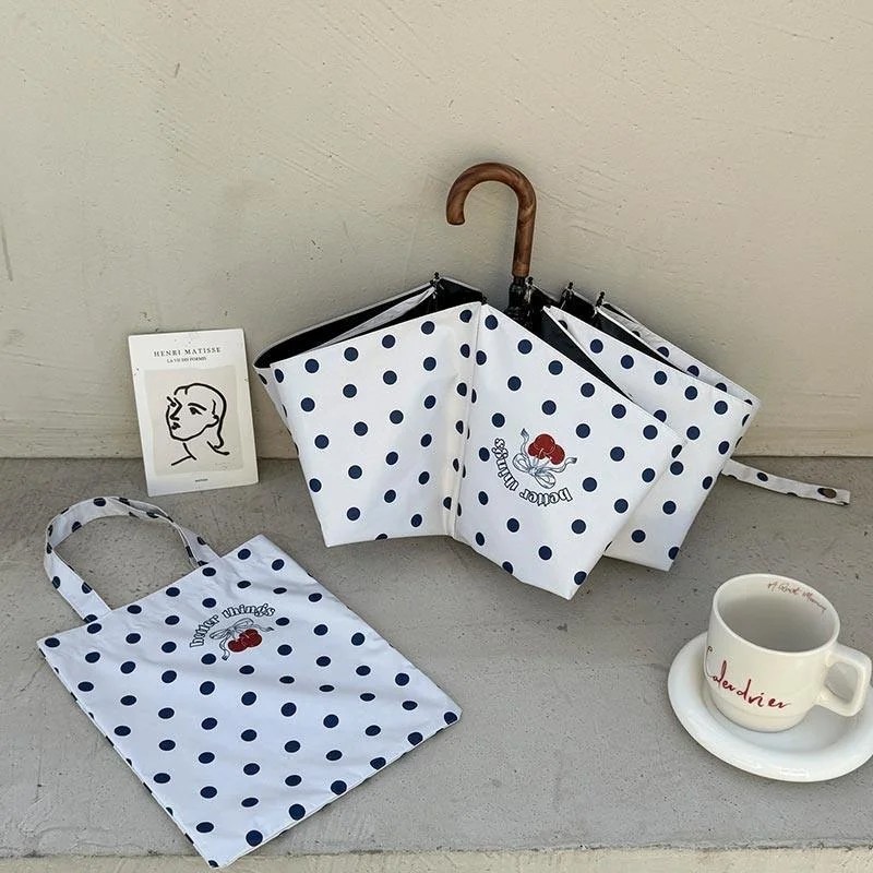 Vintage Curved Handle Polka Dot Automatic Umbrella Dual Use Sun Rain Black Coating 3 Fold Sun Protection UV Protection Women's