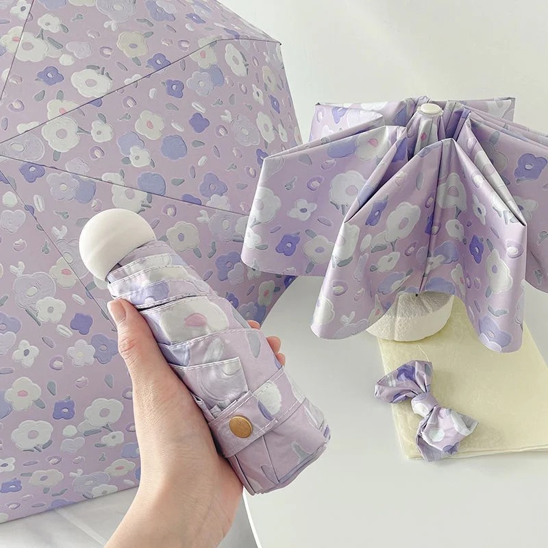Purple Floral Sunscreen UV Adult All-Weather Opening Steel Handle Black Glue Pocket Portable Small Mini Umbrella for Gift