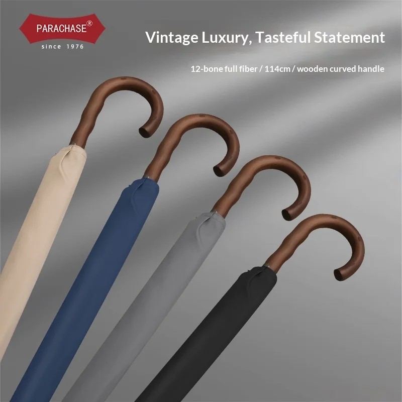 PARACHASE Vintage Long Handled Solid Wood Handle Umbrella 12 Bone Semi Automatic Extra Large 114cm Double Person Windproof Golf