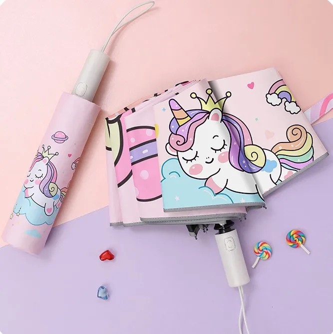 Cartoon Convenient Automatic Anti-rebound Three-Fold Children's Sunny Umbrella Polyester Fibers Reflective Strip UV Protection