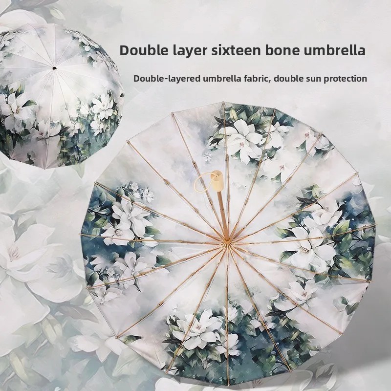 Chinese-style 16-bone High-value Double-layer Alloy Solid Wood Business Gift Sun Umbrella Color Glue Double-sided Double-flower