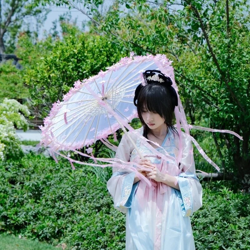 Original Ancient-style Hanfu Accessory Hand-held Floral Silk-like Craft Umbrella Lolita Photography Cosplay Long Ribbons Super