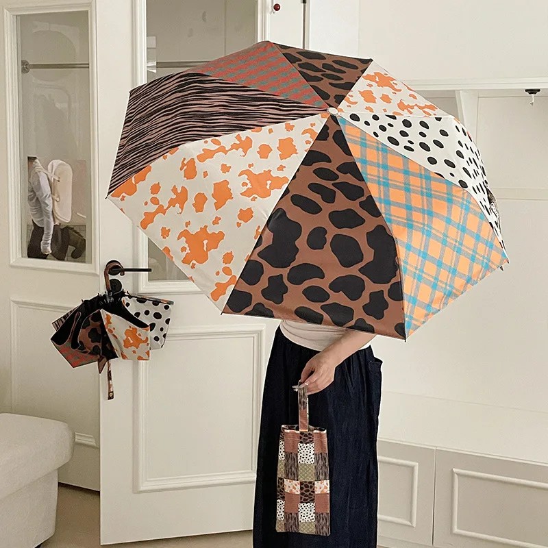 Designer Korean Style Leopard Print Umbrella Sun Protection UV Protection Curved Hook Folding Black Coating Sunshade Umbrella