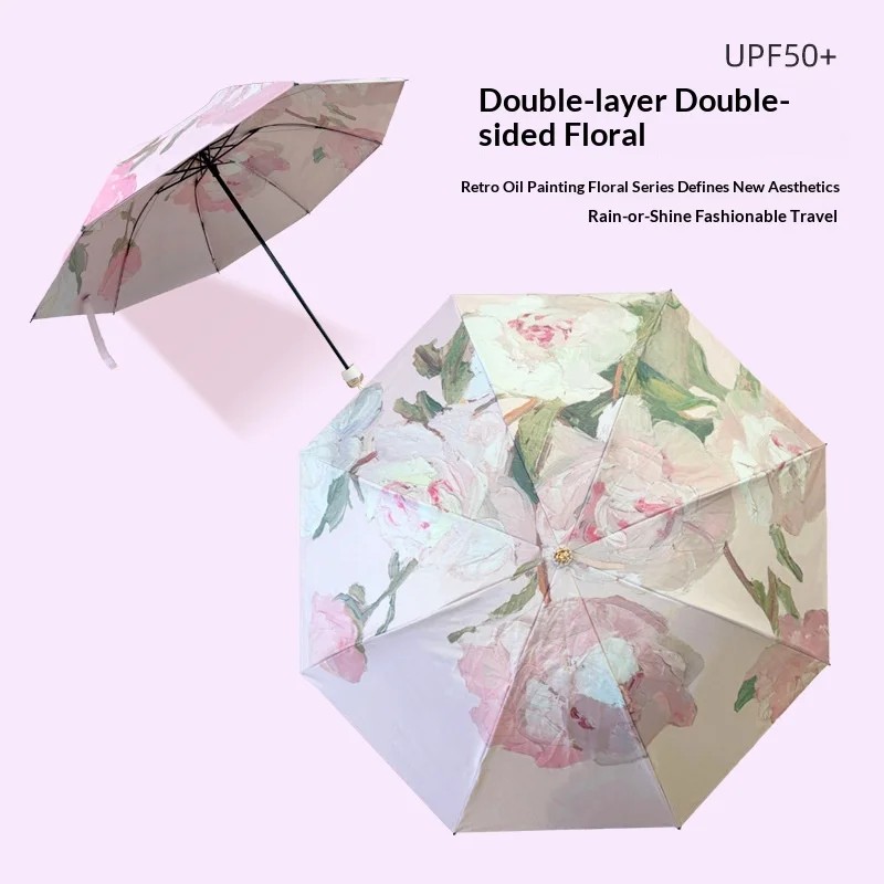 Three-fold Double-layer Oil Painting Black Glue 8-rib UV Sunshade Sunscreen Dual-use Folding Red Leaf Steel Frame Umbrella
