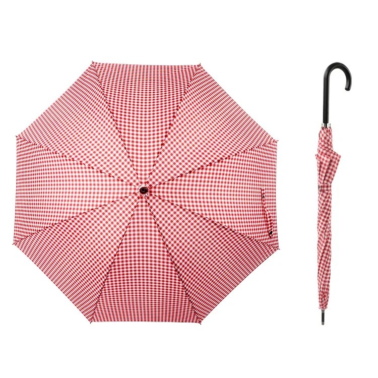 Plaid Japanese Style Long Handle Straight Rod Umbrella with 8 Ribs Curved Handle Automatic Opening