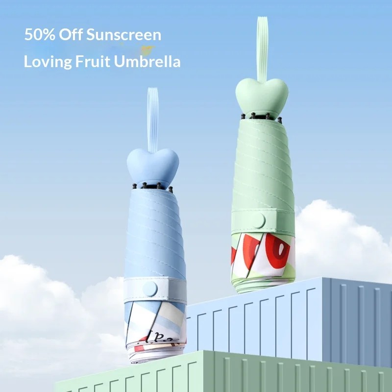 Portable Manual 5 Fold Mini Dual Use Sun Rain Umbrella with Heart Shaped Handle UV Protection 12 Ribs