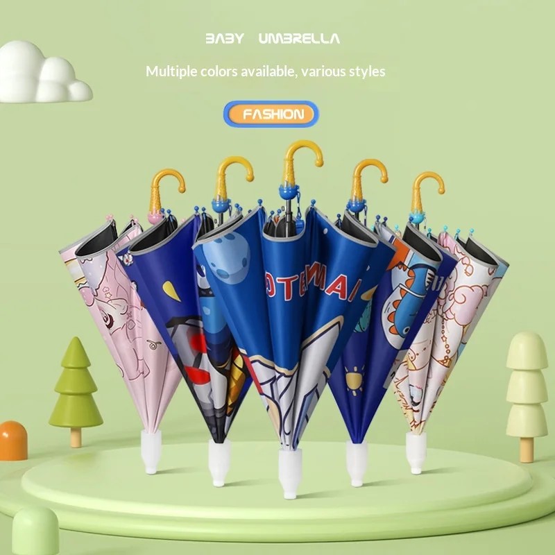 Children's Cartoon Long-handled Semi-automatic Sunscreen Anti-UV 8 Ribs Umbrella Folding Boys Girls Primary School Students
