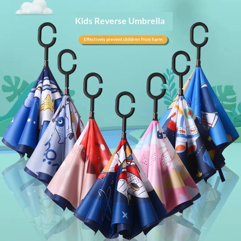 Children's Umbrella Primary School Boys Girls Cartoon Long-handled Double-layer Reverse Umbrella Kindergarten Cute Sunny Rainy