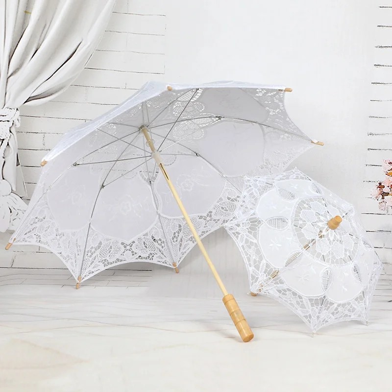 Lace Umbrella Hollowed Out Lace Parasol Wedding Photography Props for White Embroidered Court Umbrella Supply Long Wooden