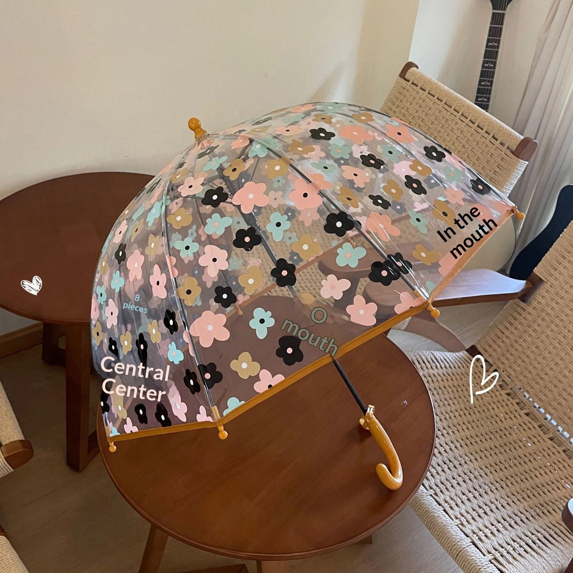 Colorful Floral Princess Arch Shaped Transparent Long Handled Umbrella for 2 to 5 Year Old Girls Boys Kindergarten Use UV