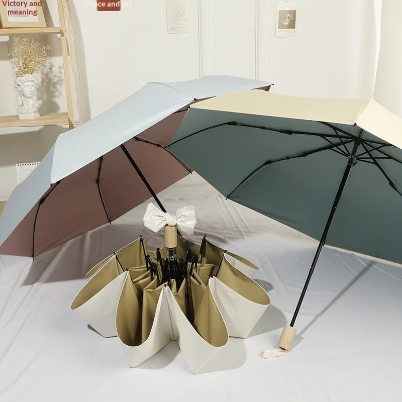 Healing Style Minimalist Fully Automatic 8 Sun Umbrella Women Foldable Dual Purpose Sun Rain Can Be Printed logo Available