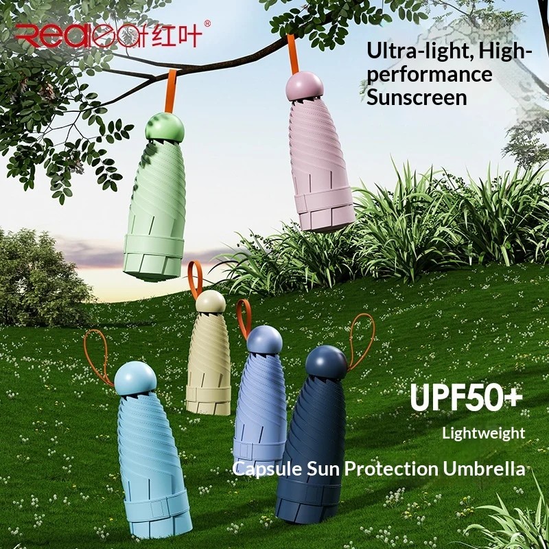 Mini Capsule Manual Sun Umbrella for Women Compact Portable UV Protection UPF50+ Black Coated Dual Use for Sun & Rain