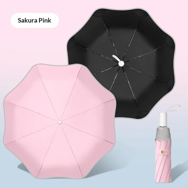 Creative Casual  8 Ribs 3 Fold Safety Rounded Edge Umbrella Reflective Trim Dual Purpose Sun Rain Black Coating UV Protection