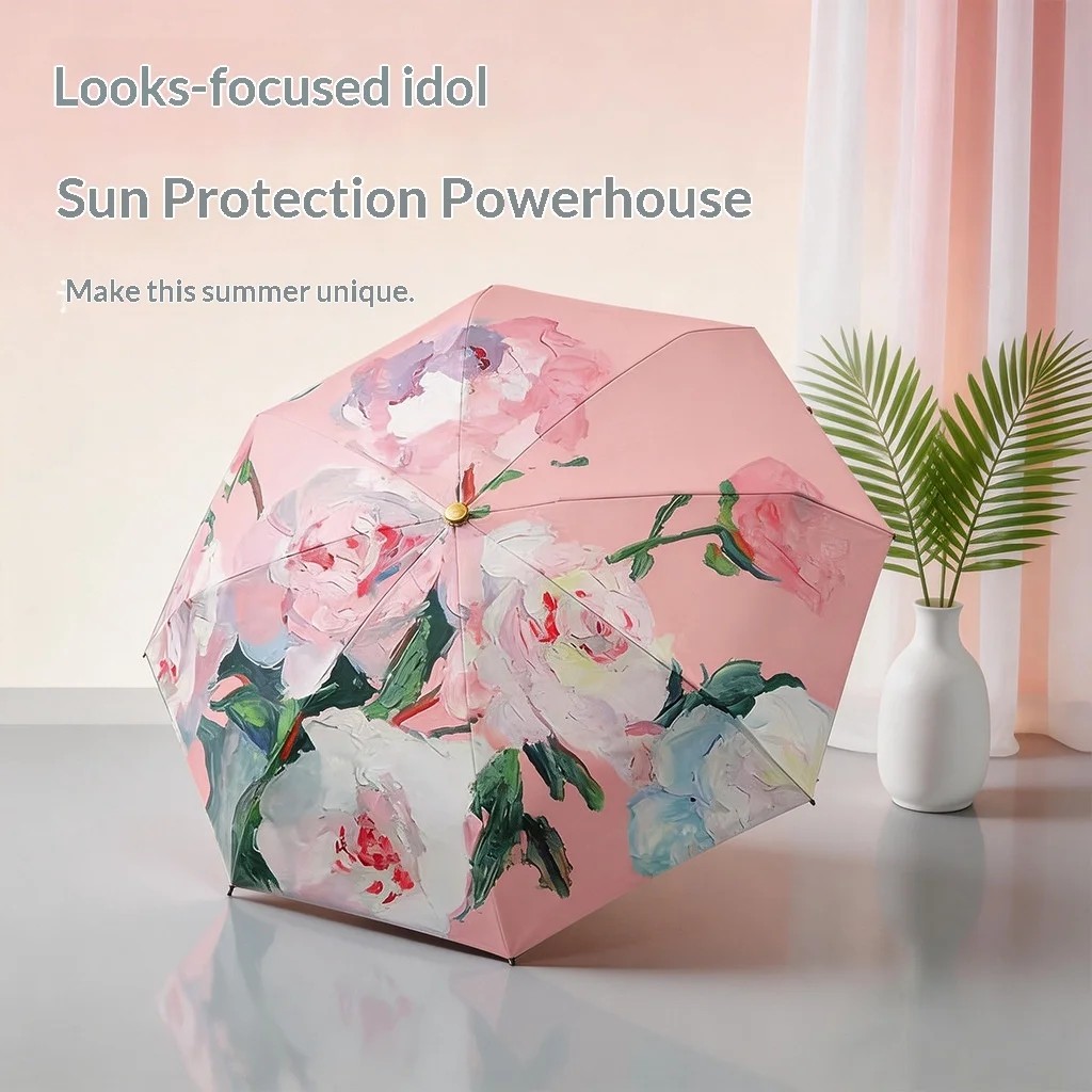 Wholesale Women's Double-Layer Printed Iron Sunshade Dual-Use Rain Sun UV Protection Manual Folding Umbrellas for Business Gifts