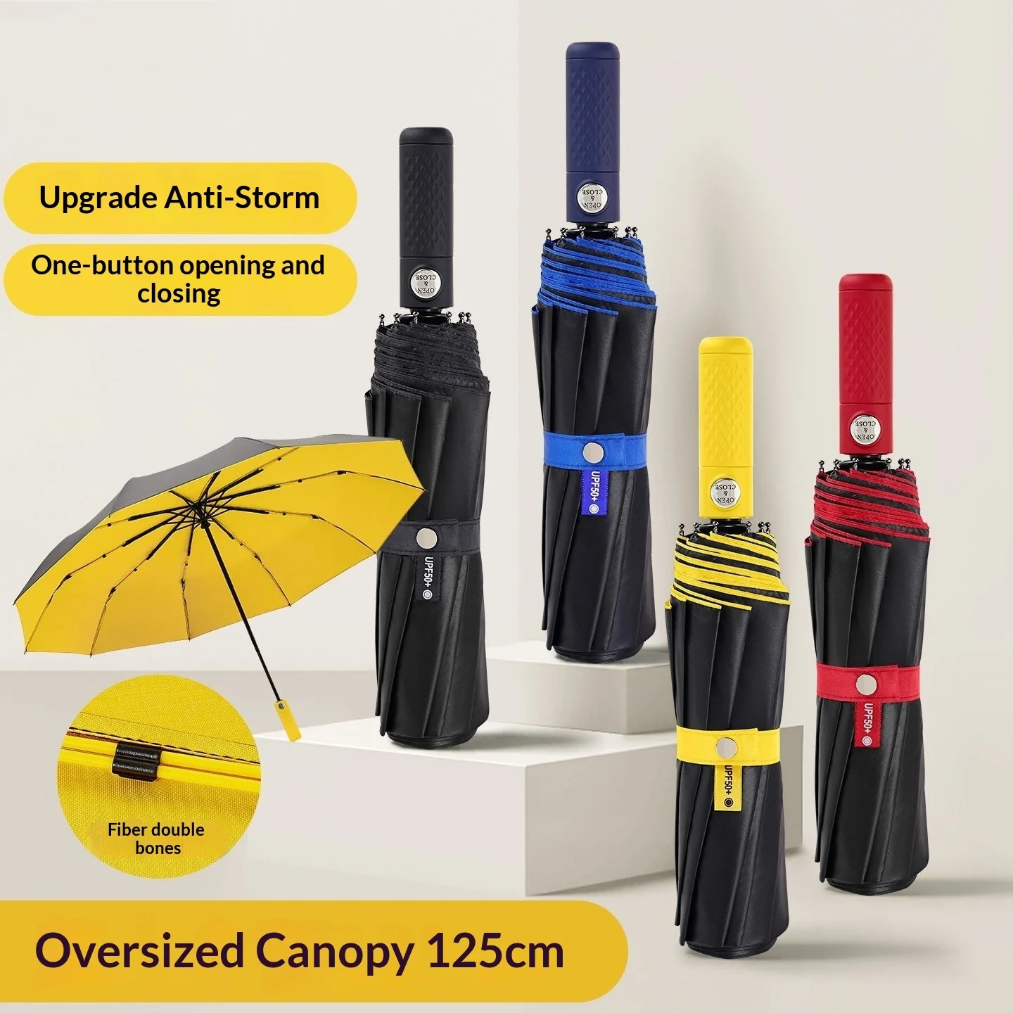 Fully Automatic Enlarged Thickened Reinforced Large Folding Umbrella Fiberglass Ribs UV Protection Windproof Storm-Resistant for