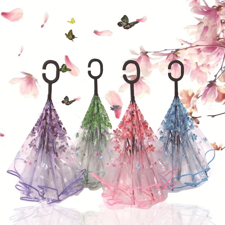 Transparent Reverse Umbrella Double Layer C Type Hands Free Folding Advertising Gift Ethnic Style