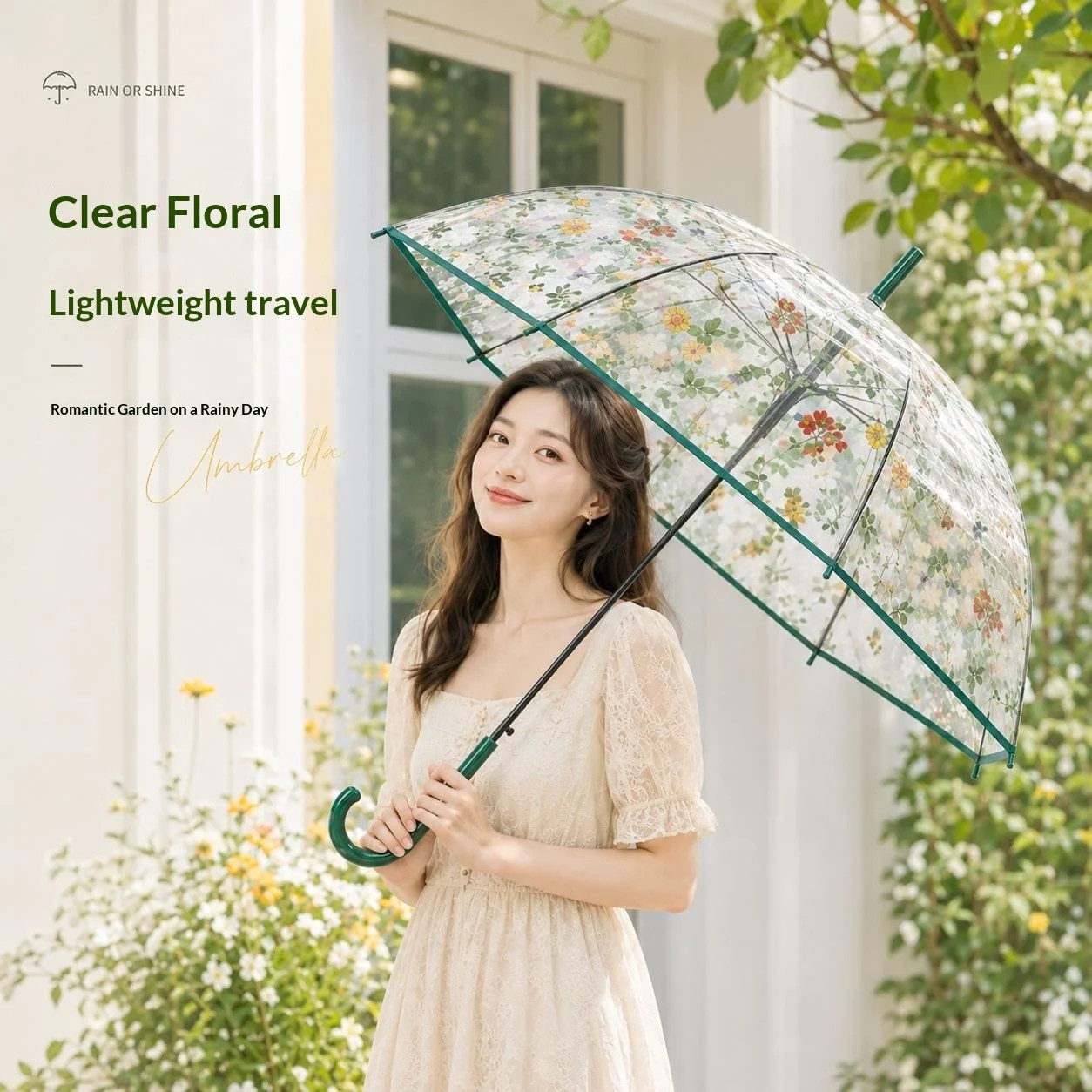 Transparent Women's Floral Pattern Slim Straight Handle Long Handled Semi Automatic TPE Material Umbrella