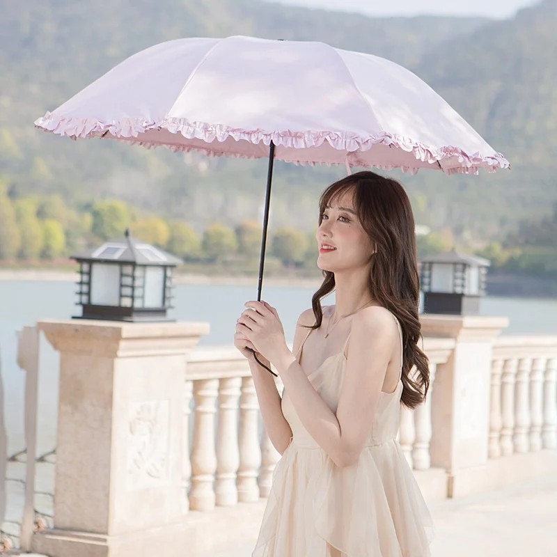 Princess Three Folding Glue Lace UV Proof Women's Sun Umbrella for Sunny & Rainy Dual Use
