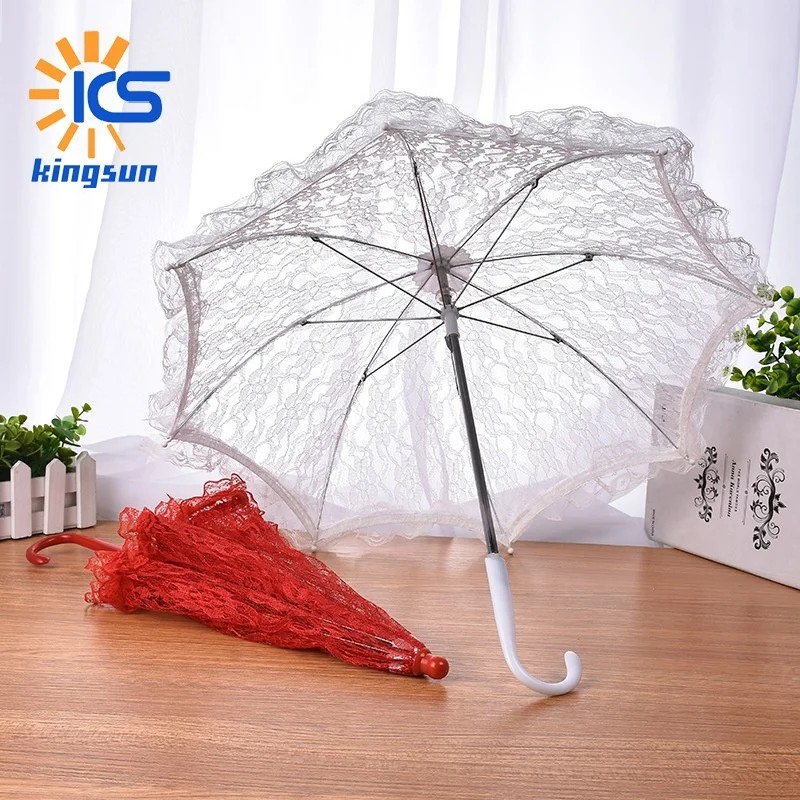European American White Wedding Flower Girl Decorative Lace Umbrella Small Size Stainless Steel Long Handle 8 Ribs Wedding