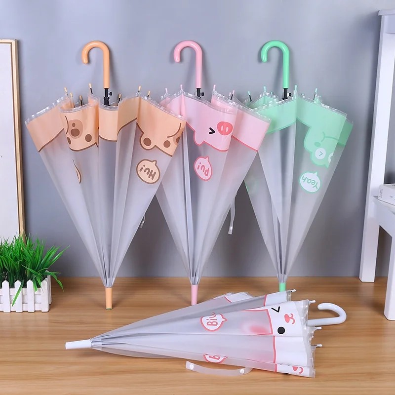 Thickened Frosted Children's Transparent Umbrella Printed PVC Straight Handle Cartoon Long Handle Manual Fiber Ribs Customizable