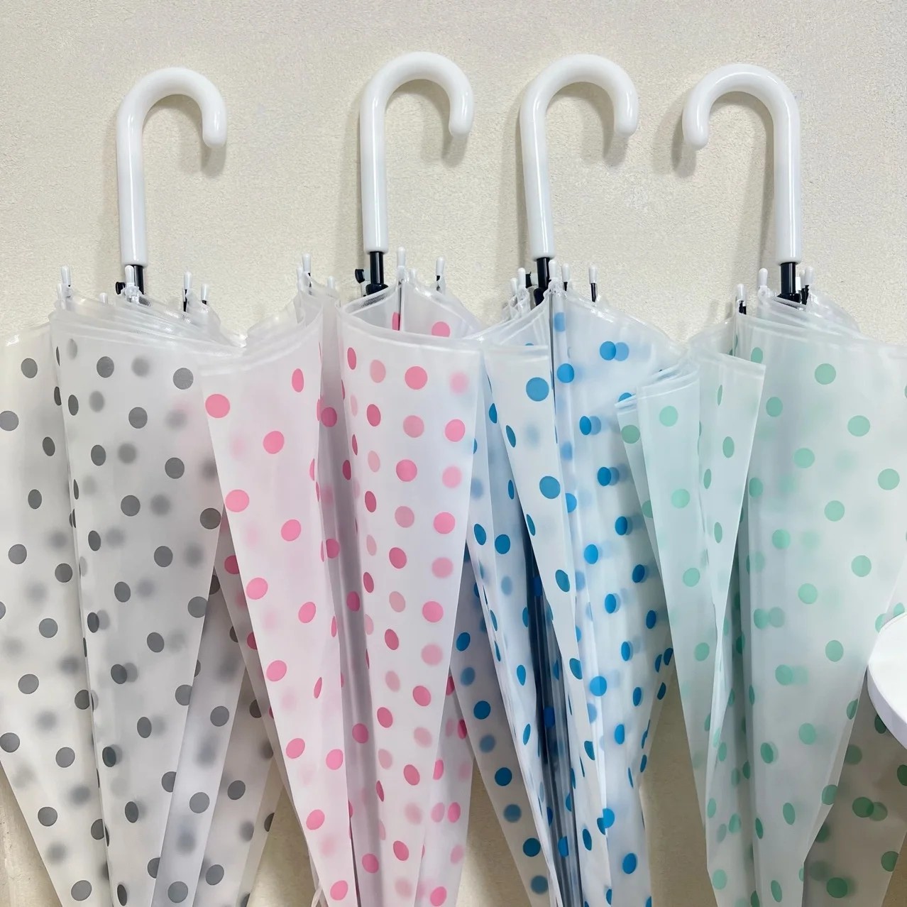 Exported Korea Polka Dot Frosted Transparent Semi Automatic Curved Handle Creative Long Handled Straight Umbrella UV Protection