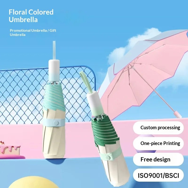 New Petal Color Glue Three-Folding Women's Advertising Umbrella Snap Button Closure Custom Logo Printing Sun Protection Shade