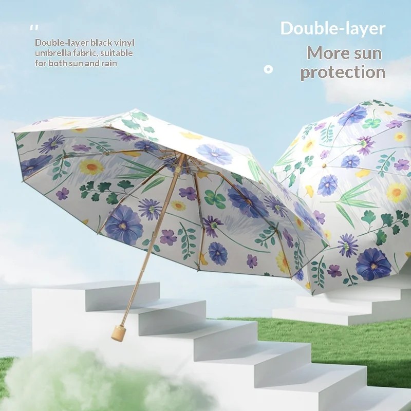 Five-Folding 8-rib Double-layer Manual Umbrella Flower Black Glue Sunshade UV protection Sunny Rainy Dual-use Solid Wood