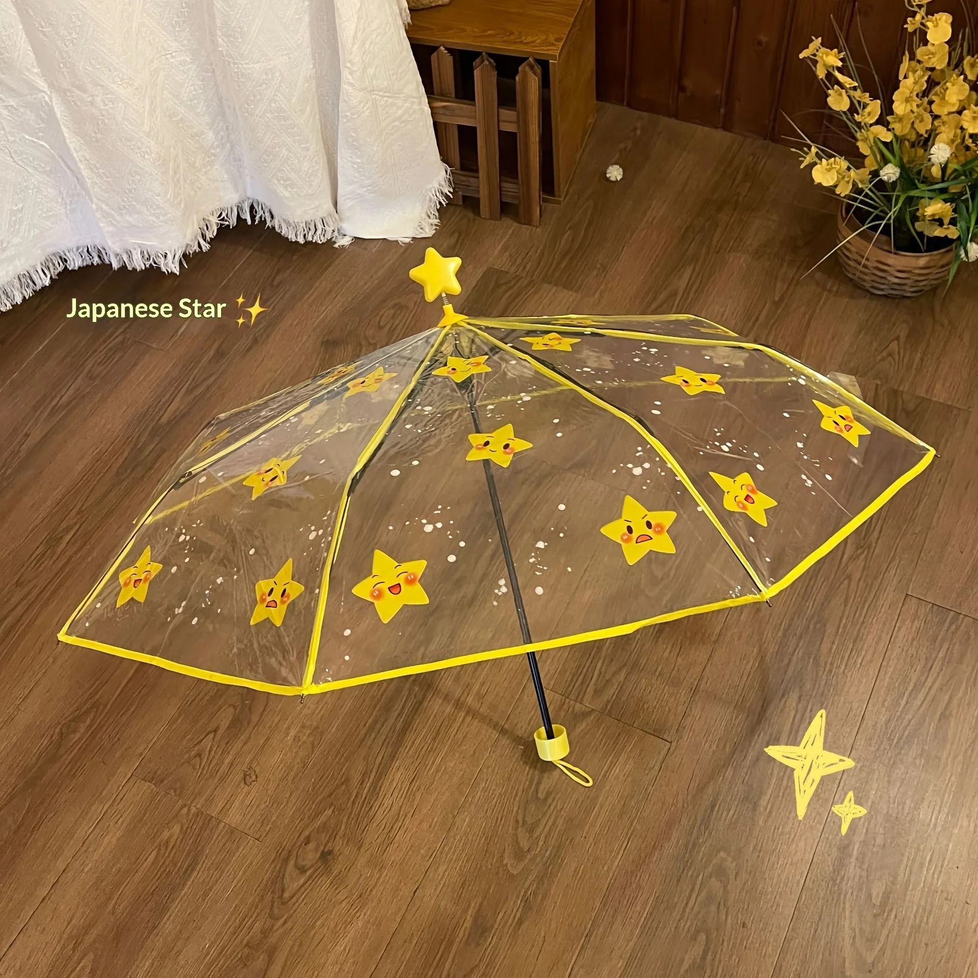 Cute Star Ins Folding Children's Umbrella Straight Umbrella Fresh Transparent Long Handle Student Cartoon Thickened Manual