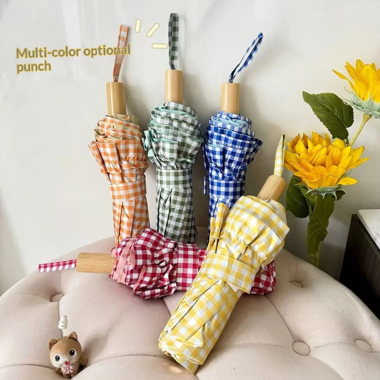 New Manual Colorful Lace Plaid Princess Umbrella with UV Protection Sun & Rain Dual Use Solid Wood Handle and Fiberglass Ribs