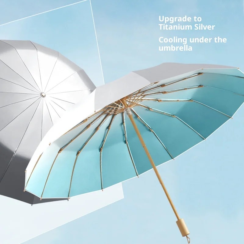 16-rib Three-fold Aluminum Silver Sunscreen UV-proof Fashionable Gradient Sunny Rainy Dual-use Customizable Solid Wood Umbrella