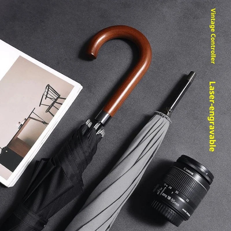Wind-resistant Golf Umbrella Business Long-handled Straight Vintage Solid Wood Handle UV Protection Dual-use Rain Sun Umbrella