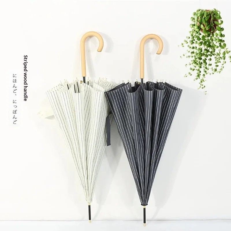 Wholesale in Stock Japanese Korean Style Straight Umbrella Solid Wood Handle 16 Reinforced Ribs Semi Automatic Striped Unisex