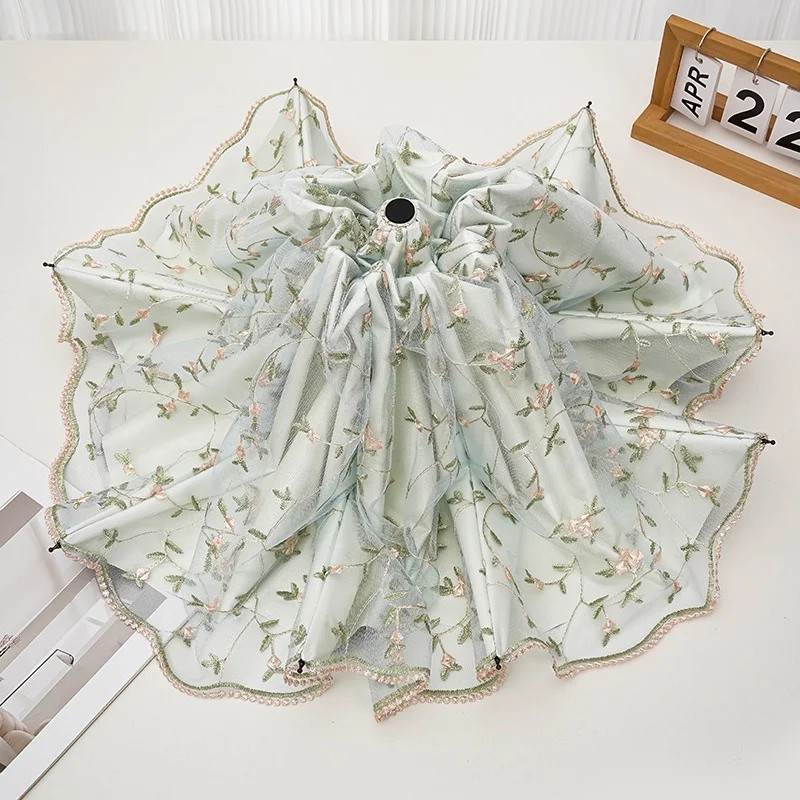 Double Layer Lace Embroidered Manual Windproof Sun Umbrella Women UV protection Vintage Sunshade Dual Use Sun Rain Foldable
