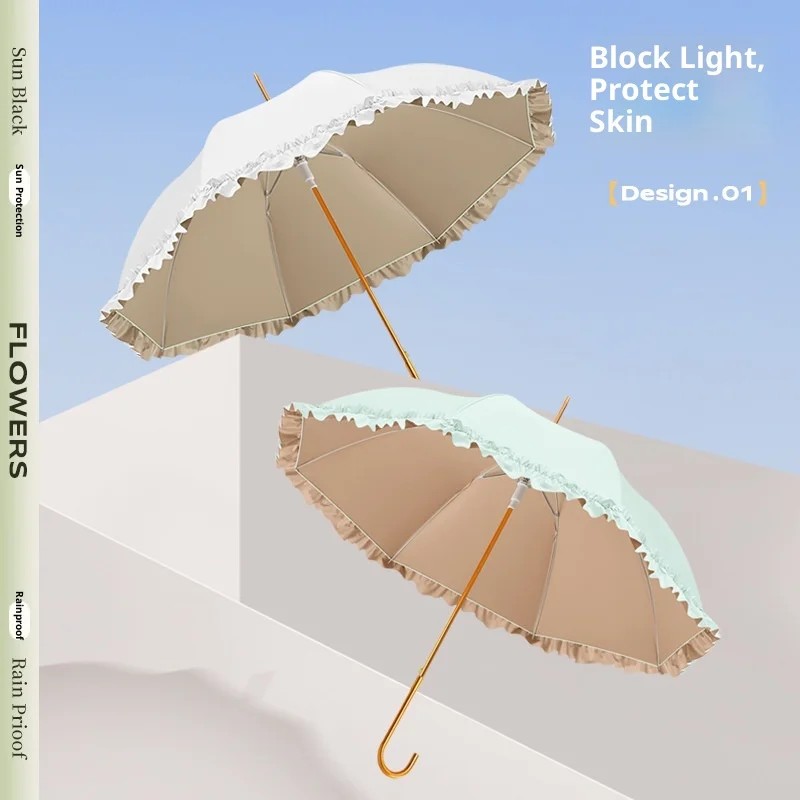 New Colorful Coated Sunscreen Lace Straight Umbrella Women Fresh Style Aluminum Handle Waterproof UV Protection Umbrella