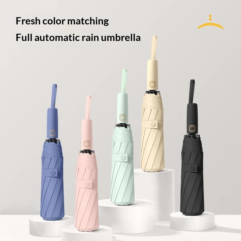 Three-fold 10-rib Fully Automatic Modern Design Business Gift Customizable Morandi Black Rubber Sunscreen Sunshade Umbrella Both