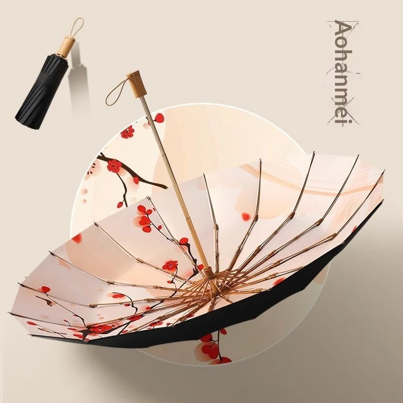 New Vintage Style Black Coated 16-Rib Manual Umbrella with Solid Wood Handle 70% Sunshade UV Protection Women