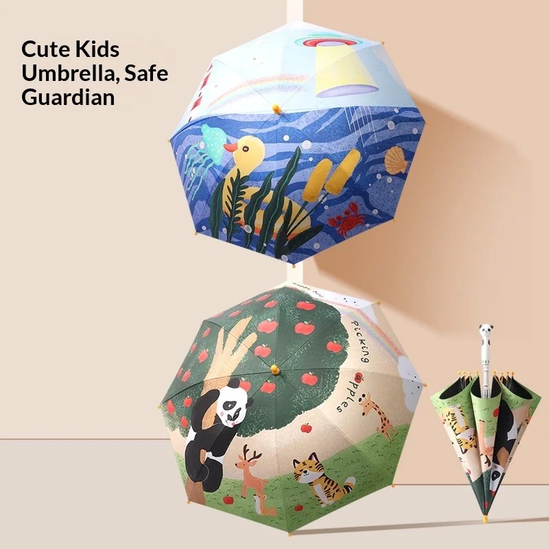 Children's 8 Ribs Cartoon Sun Protection Straight Handle Umbrella with Solid Wood Handle Custom Logo Option for Students