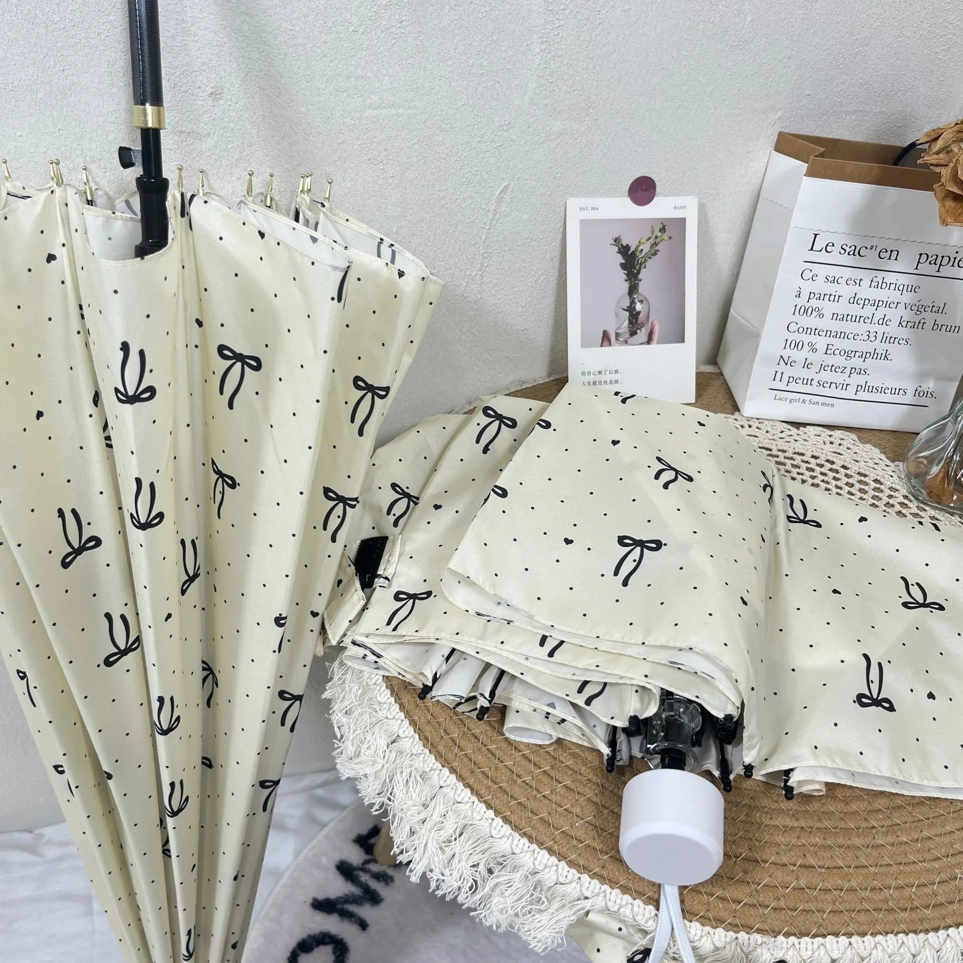 Korean Polka Dot Automatic Long Handle Straight Umbrella Large Reinforced Windproof Rainproof Women Premium Promotional Umbrella