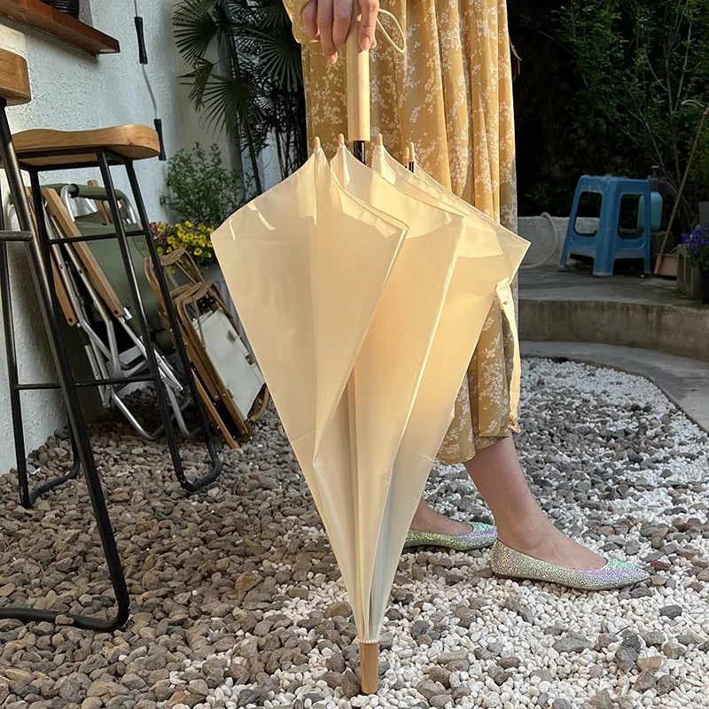 Cream-colored Ins Style Wooden Handle Long Automatic Umbrella Reinforced Sturdy Windproof Collision Cloth Steel Business Gift
