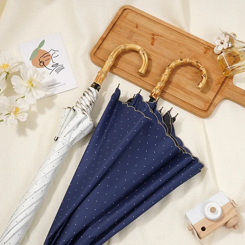 Light Luxury Embroidered Genuine Bamboo Japanese Style Long Handled Umbrella Coating Sun protection All Weather Sunshade