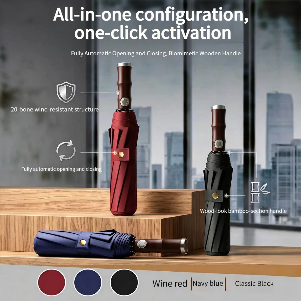 20 Rib Business Umbrella Bamboo Style Handle Double Rib Automatic Folding extra Large Size Premium Look Umbrella Promotional