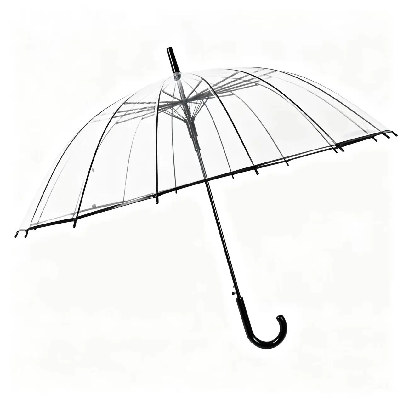 Custom Transparent Adult Umbrella, Full Black Clear Dome, Low MOQ, Cheap Plastic with Logo Printing, Classic Straight Shaft