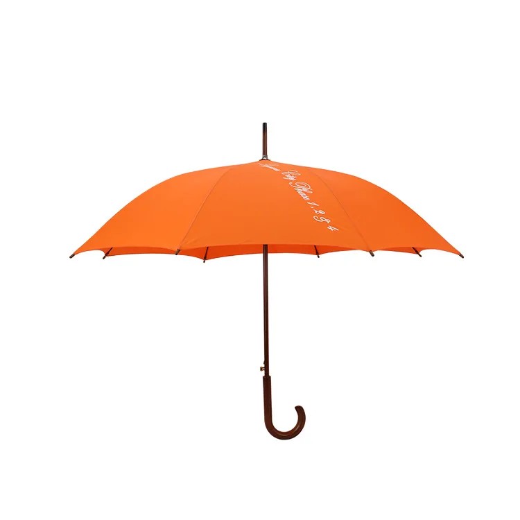 Custom Logo Straight Umbrella with Curved Wooden Handle Solid Color Customizable with Image Straight Handle Black Coating