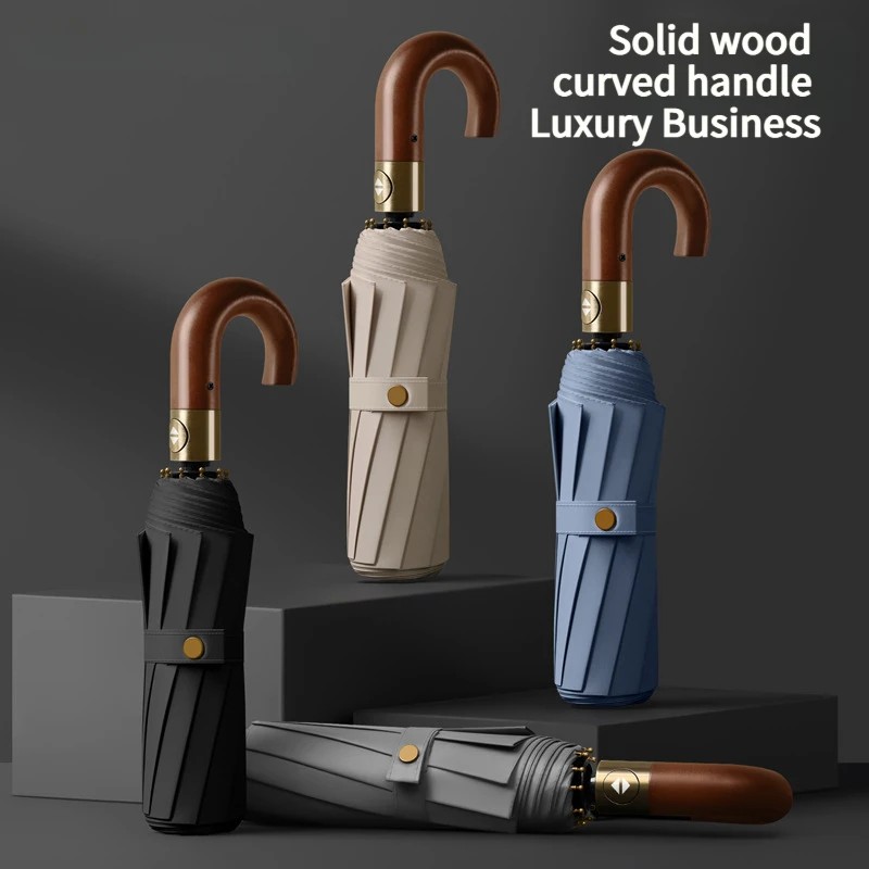 Umbrella with Solid Wood Curved Handle Foldable Sun Protection  Business Large Wind Resistant  Dual Use Sun and Rain Foldable