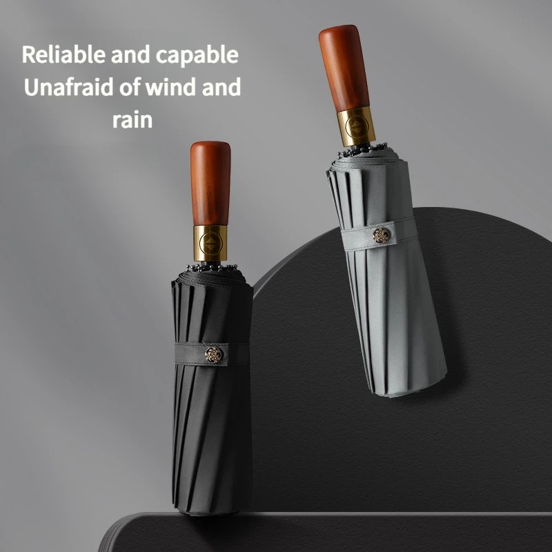 Wooden Handle 16 Rib Retro Folding Business Gift  Antique Bronze Brushed Sun and Rain Umbrella Wholesale Advertising Windproof